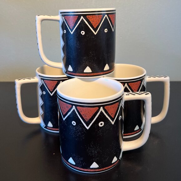 Set of 4 Vintage MIKASA Fashion Plate MOZAMBIQUE Pattern Tribal Art Ceramic Mugs - Picture 2 of 13